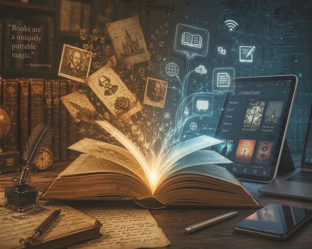 An open book with light and particles rising from its pages
